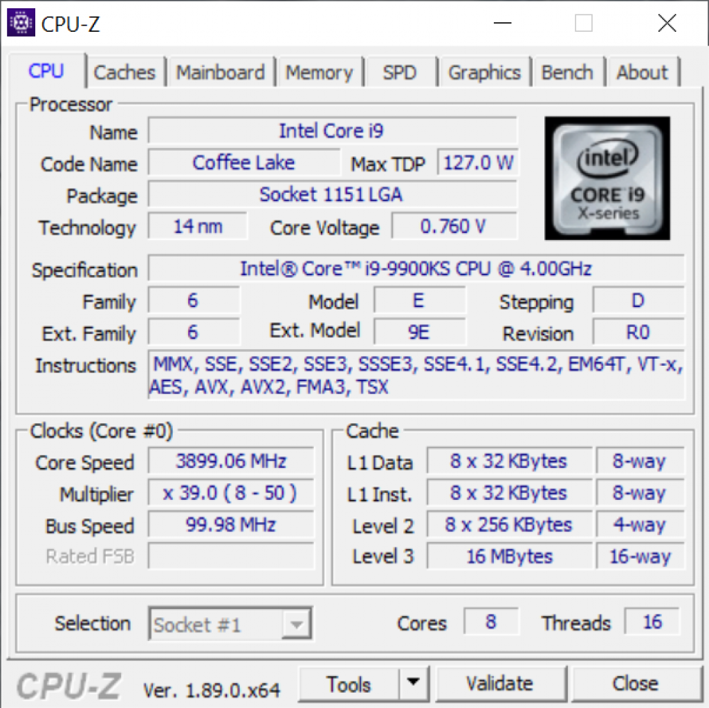[30/10/2019] CPU-Z offenbart (fast) alle Geheimnisse des Intel Core i9-9900KS.