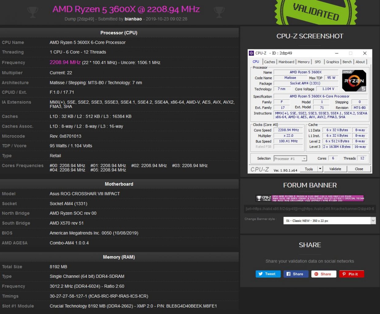 [25/10/2019] CPU-Z-Validierung: 3.012,12 MHz (DDR4-6024)