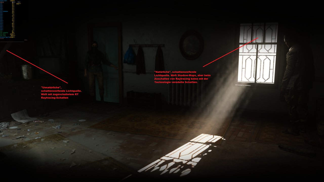 [31/10/2019] Lange nicht jede Lichtquelle in Call of Duty wirft auch Schatten und von diesen werden nur jene schattenwerfenden Lichtquellen beim Zuschalten von Raytracing mit der Technik veredelt, die von 