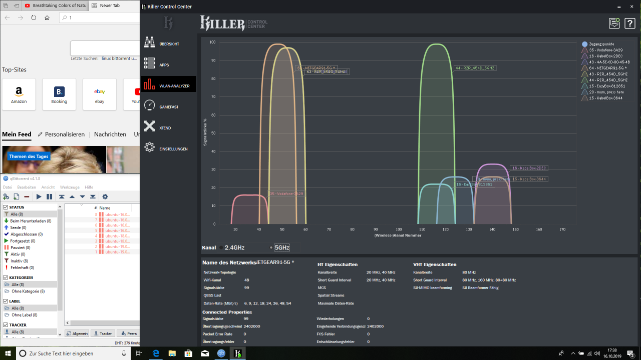 [17/10/2019] Killer Wi-Fi 6 AX 1650 Modul im Test: Zeit das Kabel zu kappen? Aus der Kategorie: Das Internet hat Sie versaut. Die WLAN-Situation im Testgebiet, dank dem WLAN-Analyser kann man entsprechend der anderen Netzwerke den eigenen Kanal wählen.