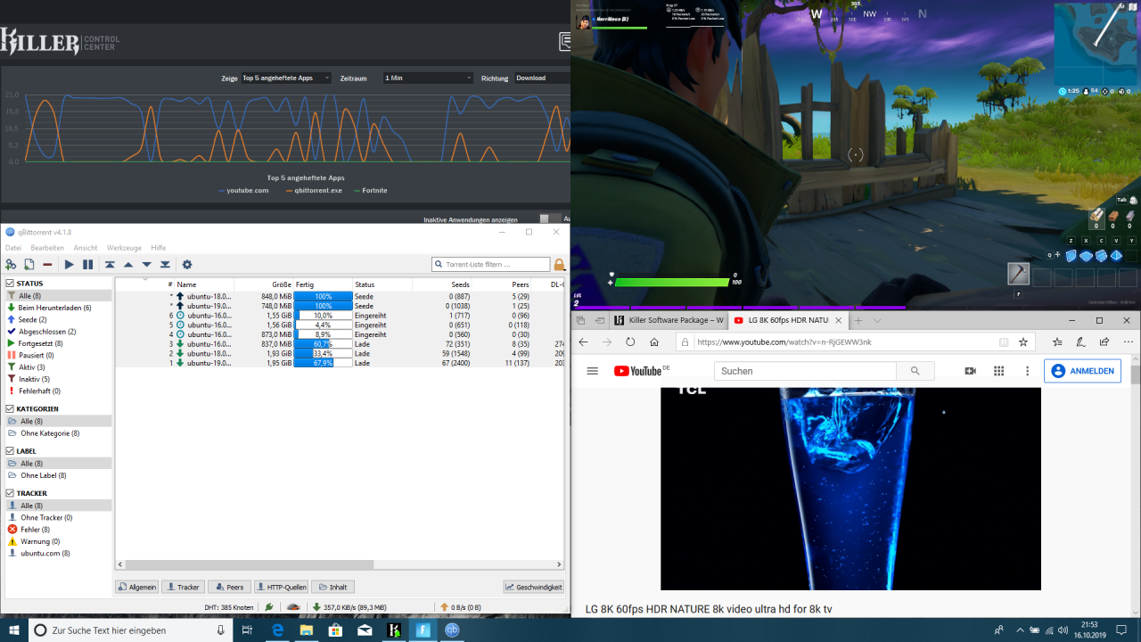 [17/10/2019] Killer Wi-Fi 6 AX 1650 Modul im Test: Zeit das Kabel zu kappen? Nachdem Download und UHD-Video gestartet wurden, ging der Ping kurz nach oben. Links oben sind die unterschiedlichen Datenströme visualisiert.
