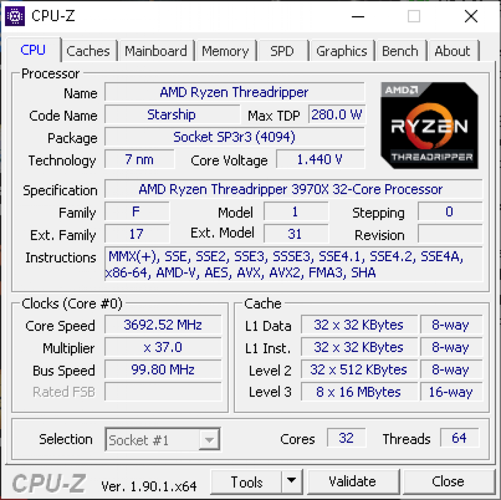 [22/11/2019] CPU-Z-Shot des AMD Ryzen Threadripper 3970X.
