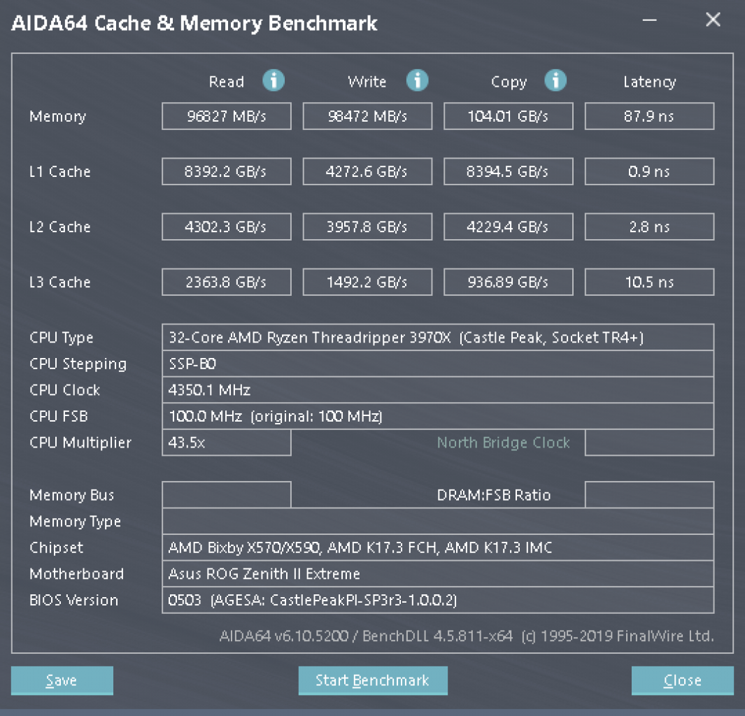 AIDA64: Cache- und Memory-Benchmark, Ryzen Threadripper 3970X @ OC
