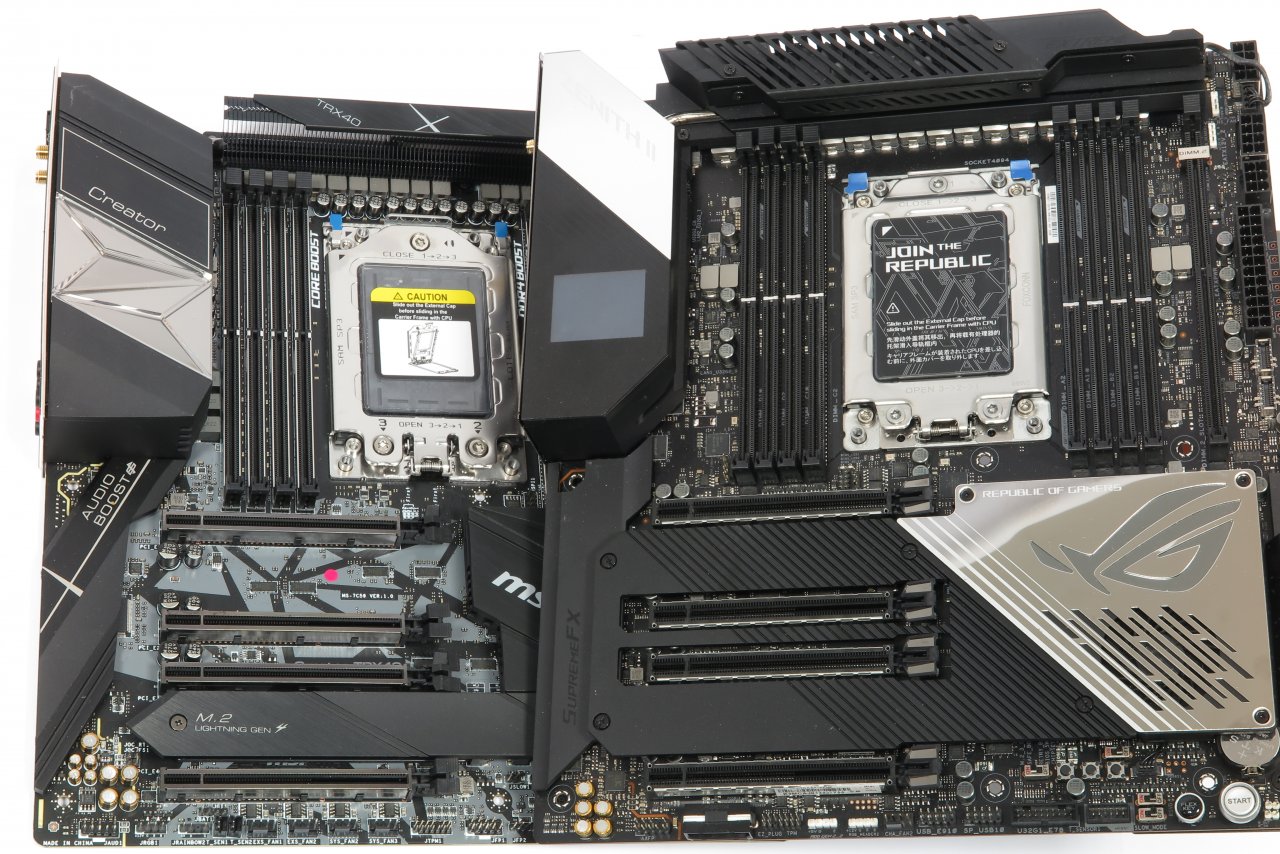 [25/11/2019] 2× 16 und 2× 8 ohne Sharing sind typisch für Threadripper, werden in der TRX4-Generation aber auf eine Breite von sechs Slots gequetscht, sodass sie sich ohne Wasserkühlung kaum ausreizen lassen.