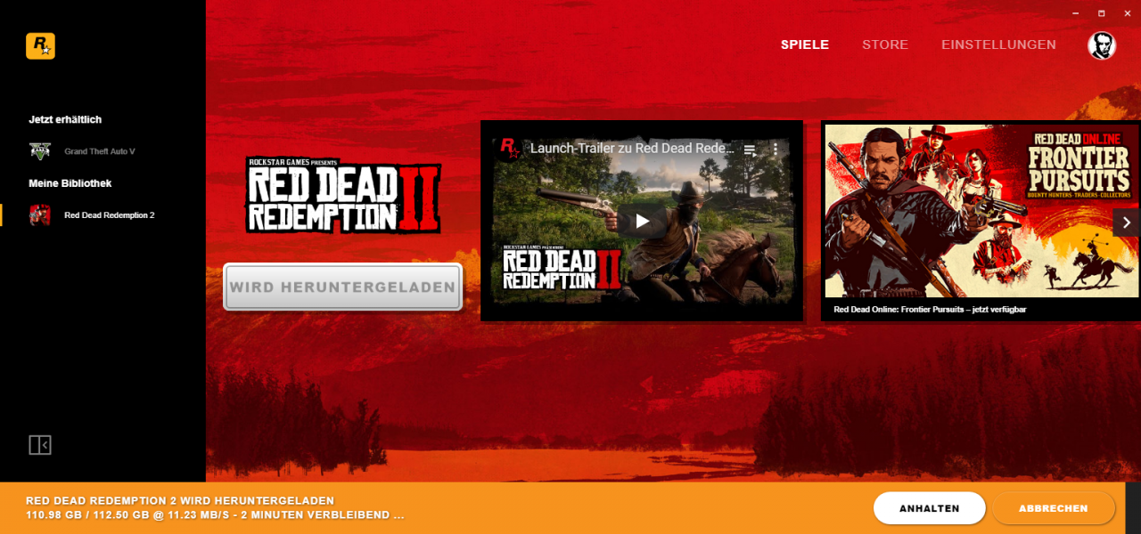 [05/11/2019] Read Read Redemption 2 am PC: Schlanke 112,5 GByte gilt es, vor dem ersten Spielstart herunterzuladen.