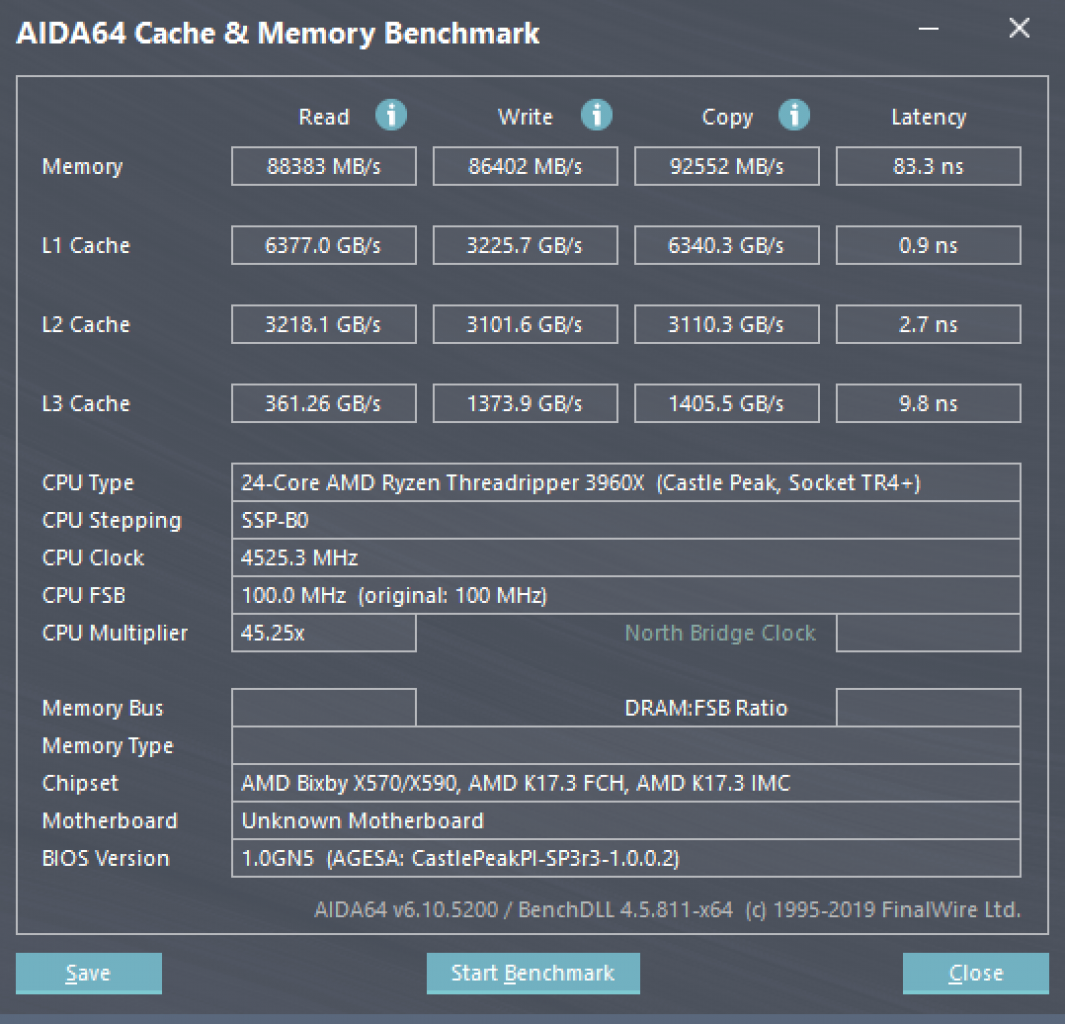 AIDA64: Cache- und Memory-Benchmark, Ryzen Threadripper 3960X @ Stock