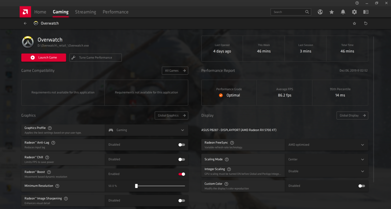 [10/12/2019] Die neue Treiber-Oberfläche wirkt nun aufgeräumter. Hier das aktuelle Profil zu einem unserer Test-Games: Overwatch.