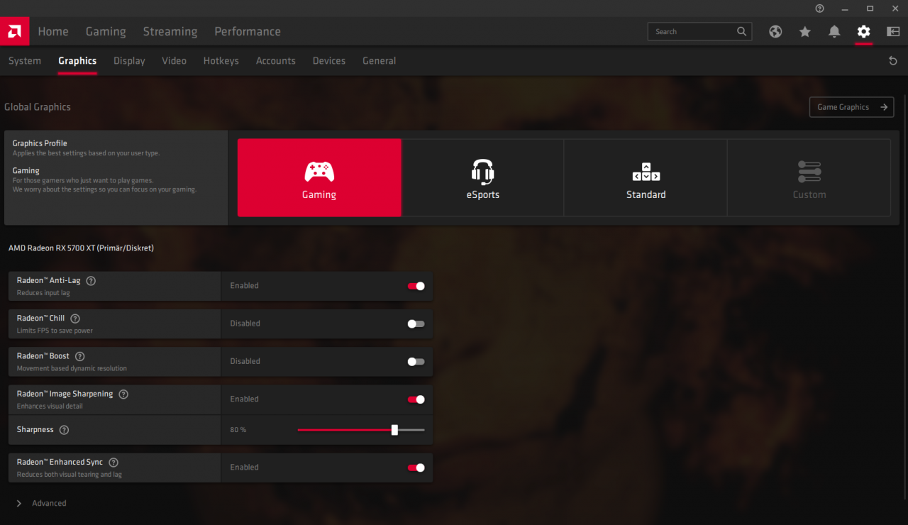 Radeon Software Adrenalin 2020: Graphics Profile "Gaming"