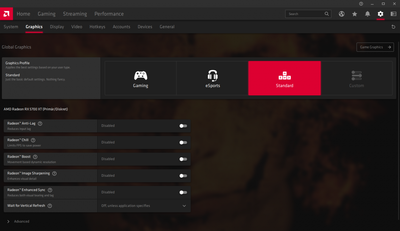 Radeon Software Adrenalin 2020: Graphics Profile "Standard"