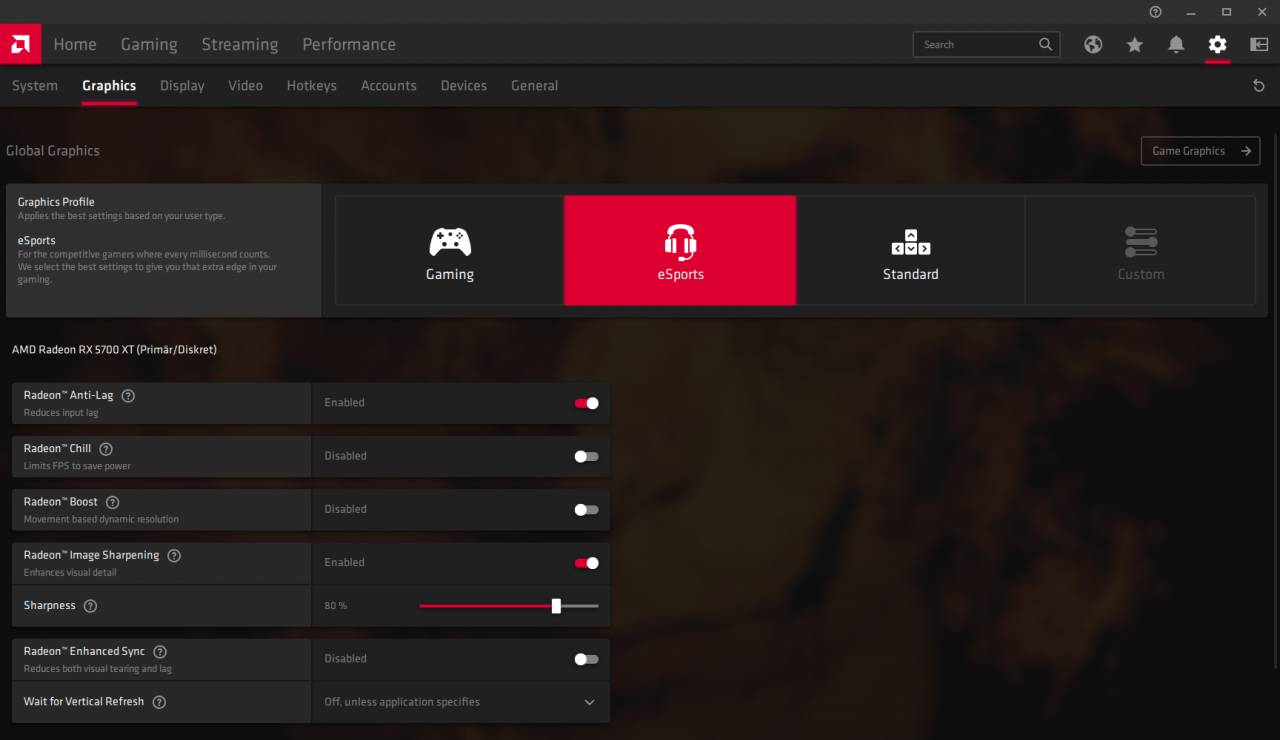 Radeon Software Adrenalin 2020: Graphics Profile "eSports"
