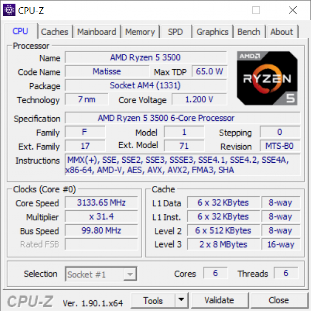 [13/01/2020] CPU-Z-Shot des AMD Ryzen 5 3500: Die Unterschiede zum großen Bruder alias Ryzen 5 3600 fallen klein aus: 6 statt 12 Threads und 16 statt 32 MiByte L3-Cache.