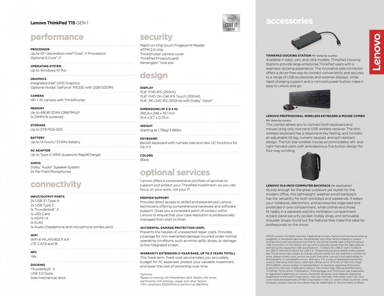 [27/02/2020] Lenovo Thinkpad T15 Gen1 Datenblatt Intel Core 10 Gen
