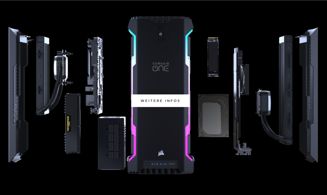 [29/03/2020] Explosionszeichnung des Corsair One. Die drei Lüfter befinden sich am Netzteil, über den den Spannungswandlern der Grafikkarte und im Deckel des Gehäuses.