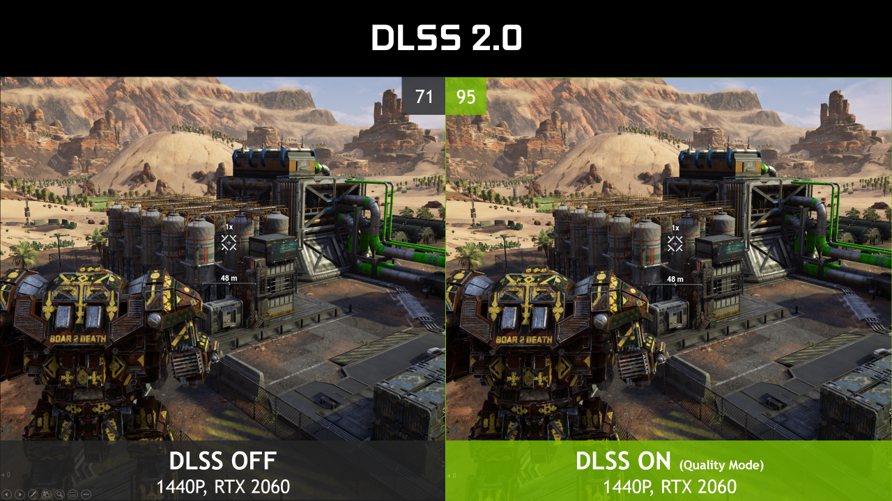 [23/03/2020] DLSS 2.0 in Mechwarrior 5: Wie bereits in Wolfenstein Youngblood gelingt es dem Algorithmus, Bildfragmente zu rekonstruieren, die bei nativer Auflösung im Pixelraster untergehen.