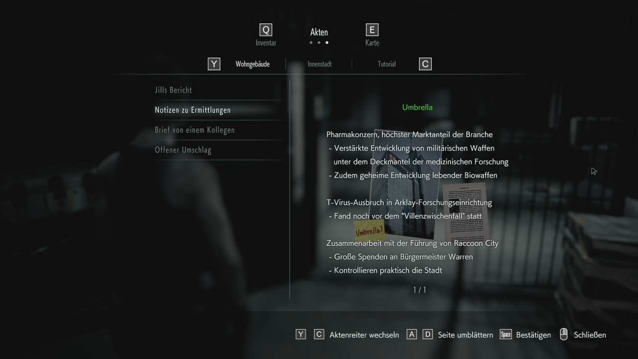 [06/04/2020] Resident Evil 3 im Technik-Test: Unter den Akten werde alle Schriftstücke, Bücher und Tipps zusammengetragen. Wer mehr über die Geschichte erfahren möchte, kann hier nachschlagen.