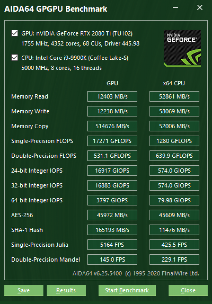 [28/04/2020] AIDA64 GPGPU Benchmark MSI Geforce RTX 2080 Ti Gaming Z Trio