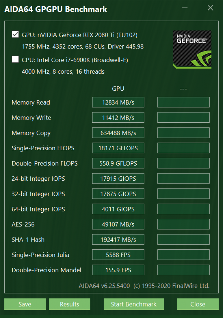 AIDA64 GPGPU Benchmark MSI Geforce RTX 2080 Ti Gaming Z Trio OC 2100/9500 MHz