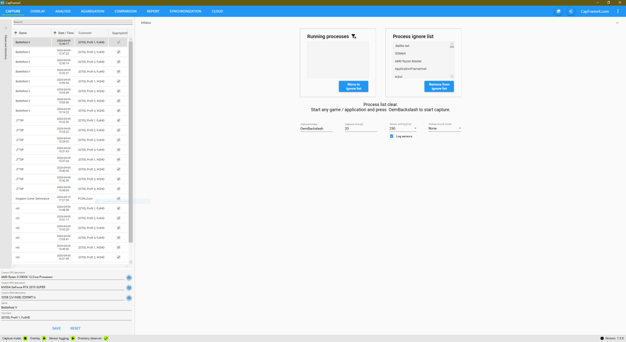 [22/04/2020] CapFrameX Version 1.50: Capture-Tab: Hier werden die wichtigsten Einstellungen gemacht.