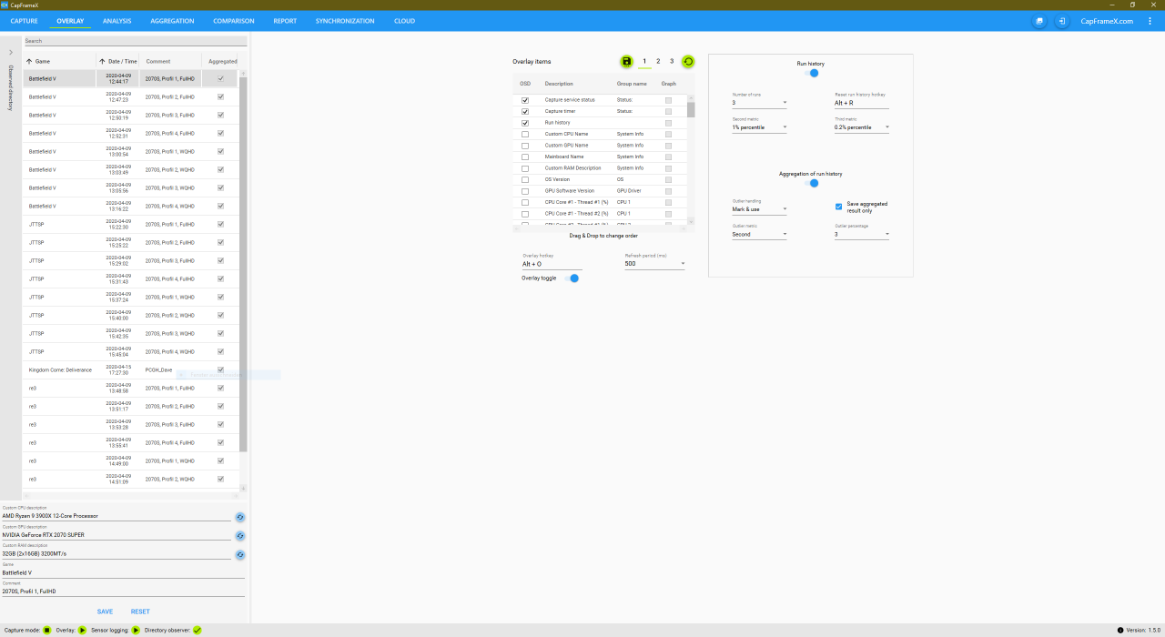 [22/04/2020] CapFrameX Version 1.50: Overlay-Tab: Für das Overlay benötigen Sie den RTSS. Zudem finden sich hier die mächtigsten Funktionen von CapFrameX.