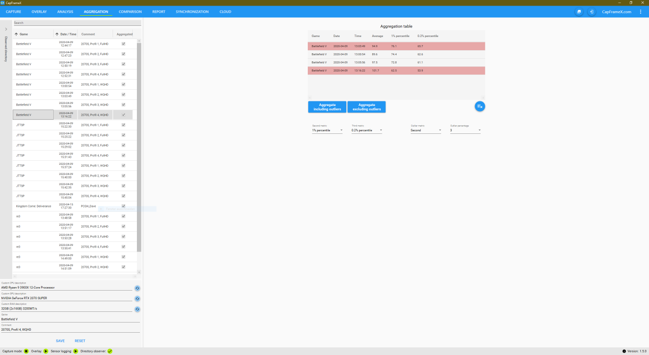 [23/04/2020] CapFrameX Version 1.50: Aggregation-Tab: Erlaubt die nachträgliche&nbsp;Aggregation bestehender Benchmarks.
