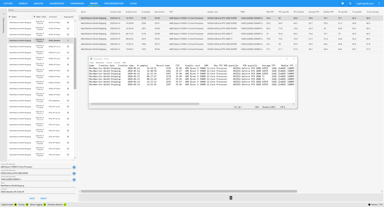 [23/04/2020] CapFrameX Version 1.50: Report-Tab: Simple Anzeige aller Parameter, mit der Möglichkeite diese in andere Programme zu exportieren.