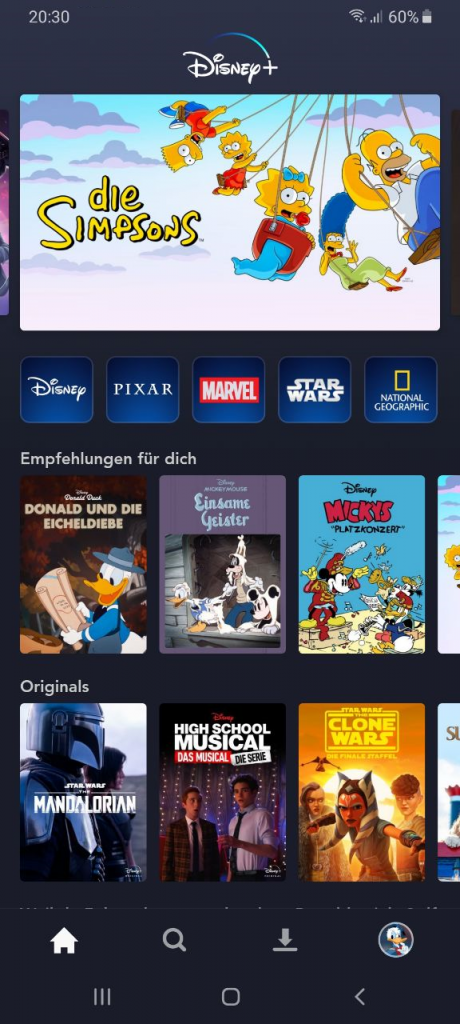 [09/04/2020] Disney Plus Android App Startseite mit temporärer Download-Option für Filme und Serien