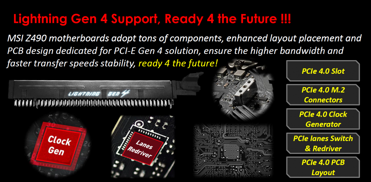 [30/04/2020] An the Award 4 4warding of 4seeable In4mation on PCI-E 4.0 4 Z490 mainboards goes to: MSI. Vom Rest der 4 großen Mainboard-Hersteller beschränkt sich aber auch nur Asus auf offizielles PCI-E 3.0.