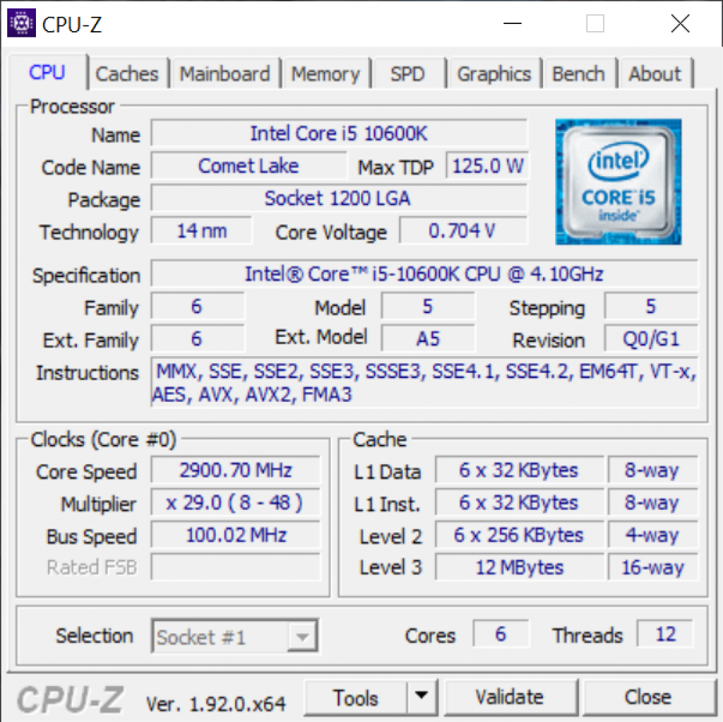 CPU-Z Screenshot des Intel Core i5-10600K