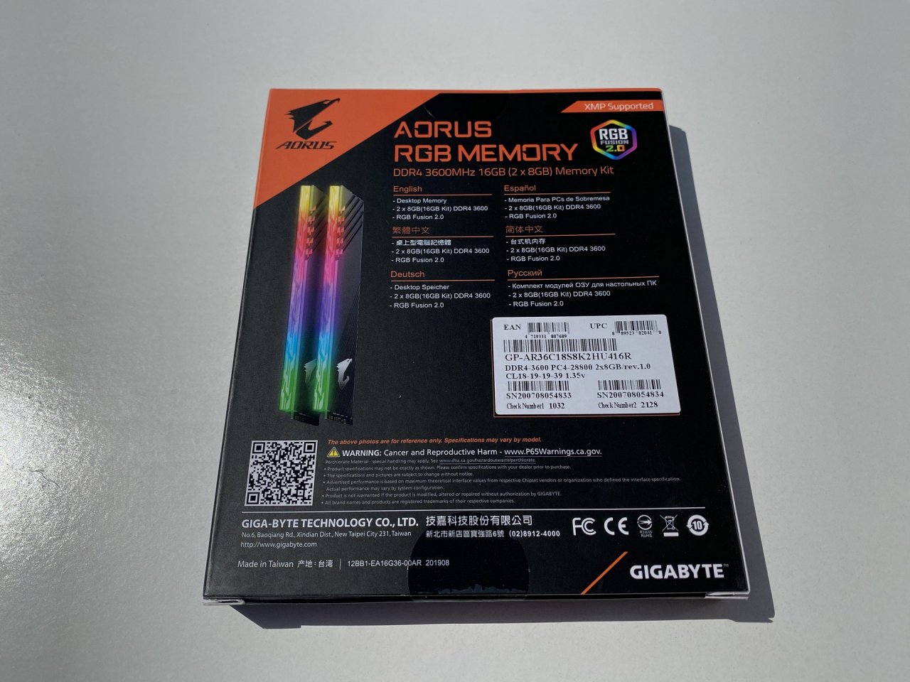 [08/06/2020] Gigabyte Aorus RGB Memory GP-AR36C18S8K2HU416R