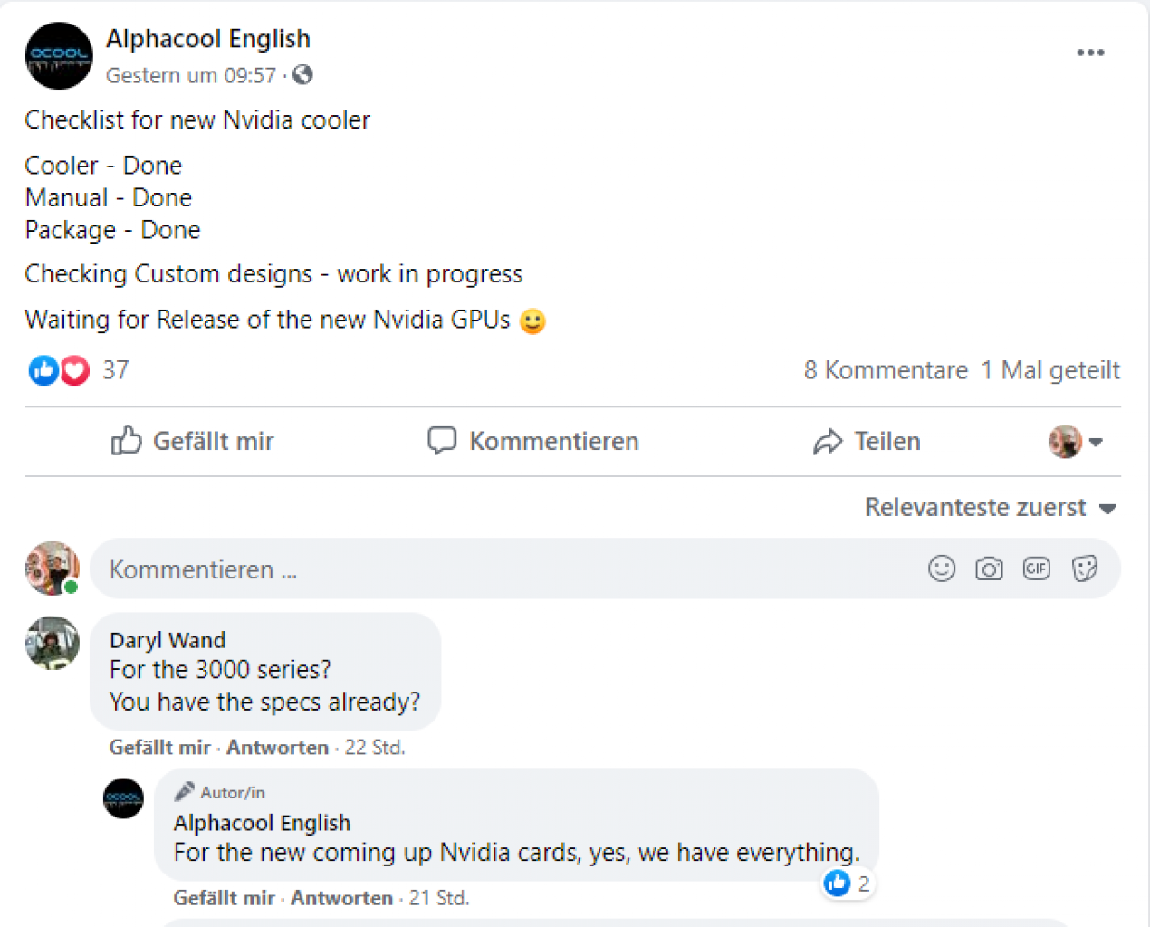 [27/08/2020] Nach EKWB meldet sich auch Alphacool zu Wort