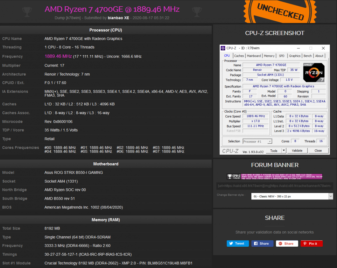 [18/08/2020] CPU-Z-Validierung des RAM-Takts von 3.333,3 MHz (DDR4-6667)