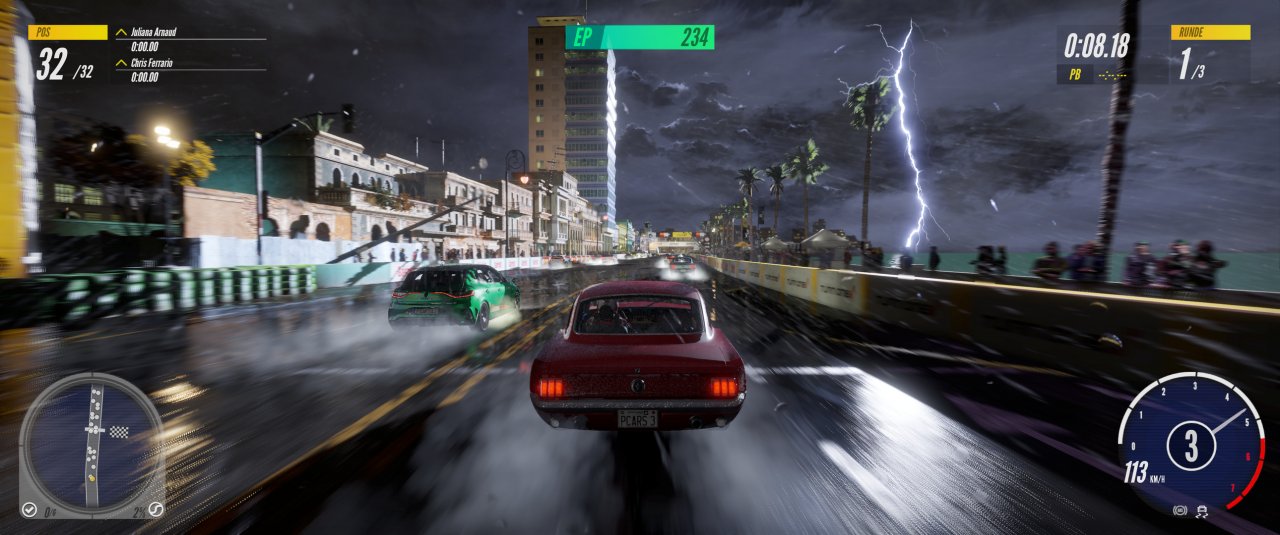 [28/08/2020] Project Cars 3: Die PCGH-Benchmarkszene zeigt die kubanische Hauptstadt Havanna bei Nacht, Gewitter und vollem Fahrerfeld - eine Bewährungsprobe für Mensch und Maschine.