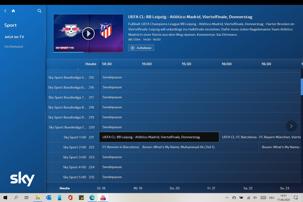 [18/08/2020] TV-Sendungen von Sky-Sendern können immer am PC via Sky Go PC App angesehen werden.