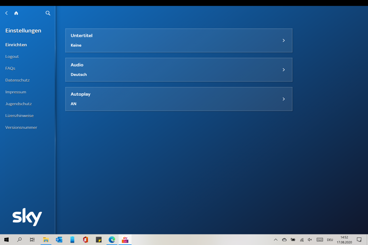 [18/08/2020] Einstellungen der Sky Go PC App (Version 10.2)