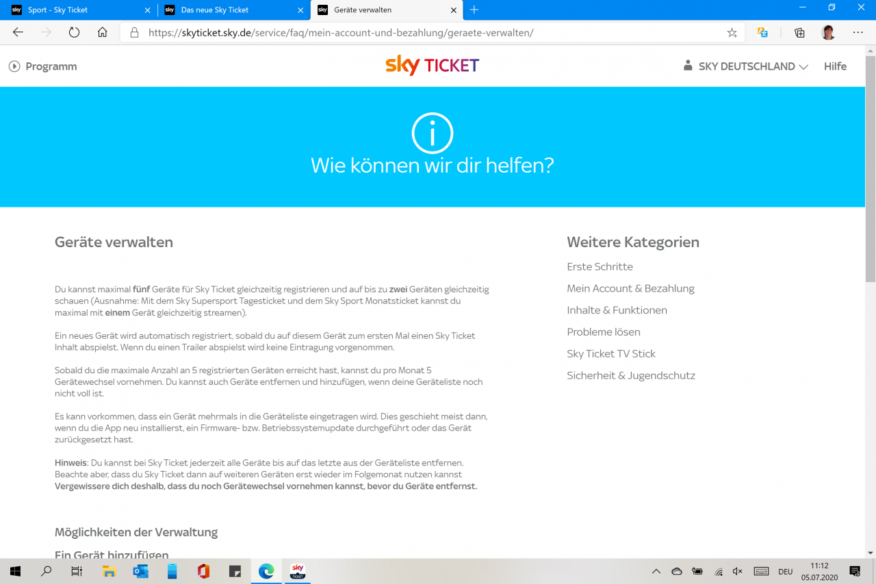 [18/08/2020] Bei Sky Ticket ist die Zahl der maximalen Geräte beschränkt.
