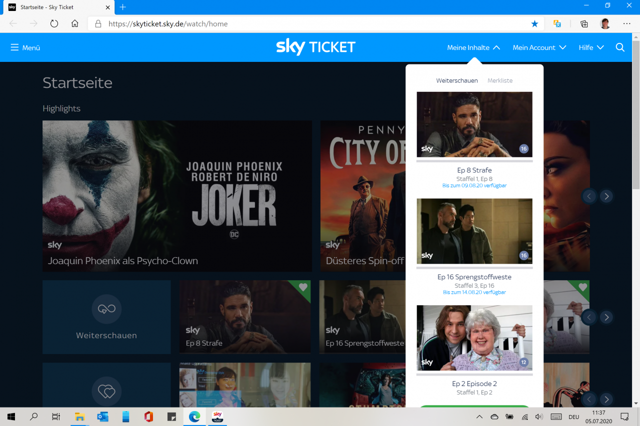 [18/08/2020] Sky Ticket Webseite Meine Inhalte 2 