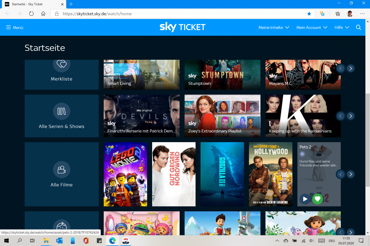 [18/08/2020] Sky Ticket Webseite Startseite 2 