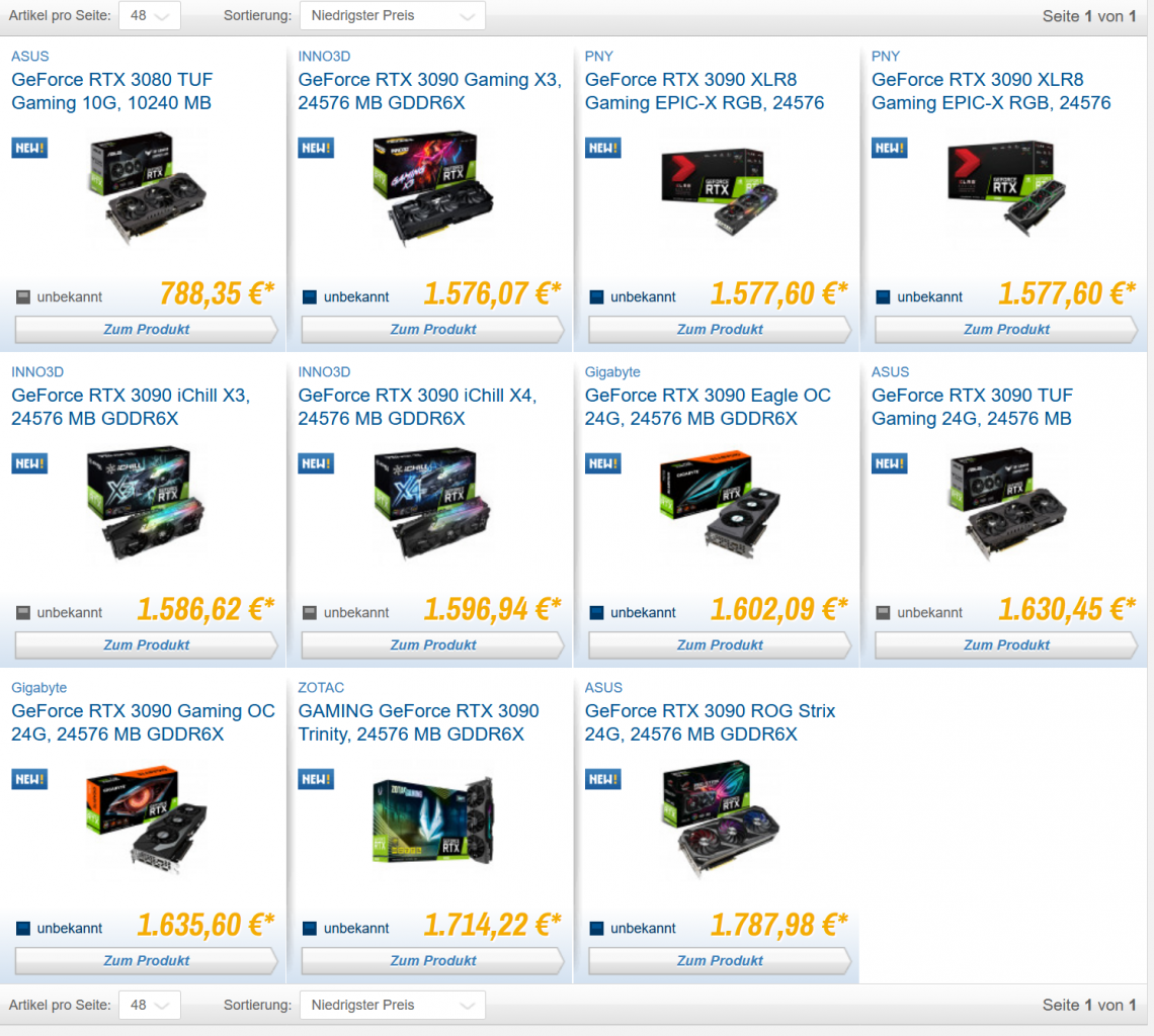 [09/09/2020] Custom-Modelle der Geforce RTX 3080 und 3090 gelistet: Preise moderat, Spezifikationen unspektakulär (1)
