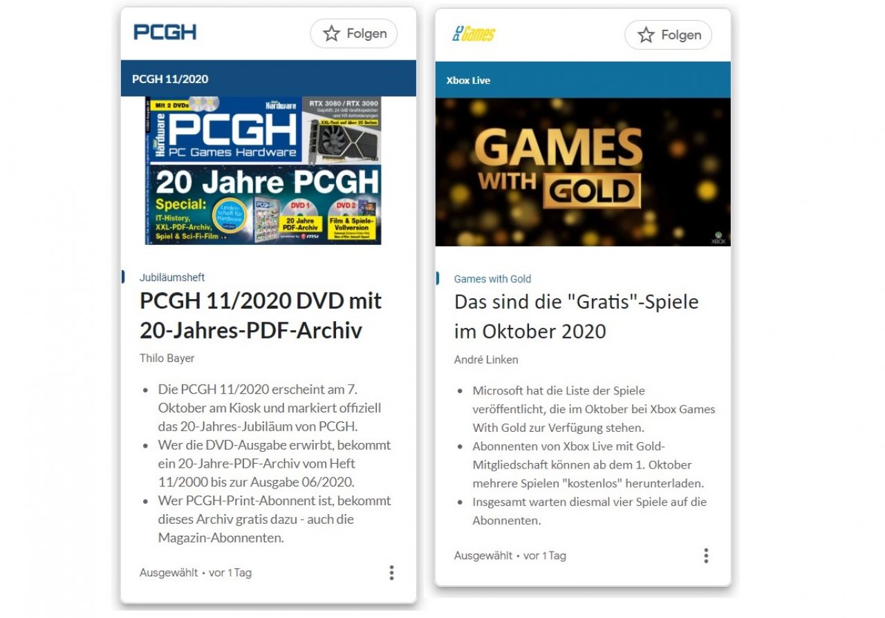 [01/10/2020] News-Showcase-Meldungen innerhalb der kostenlosen App Google News, einem Konkurrenten von MSN.