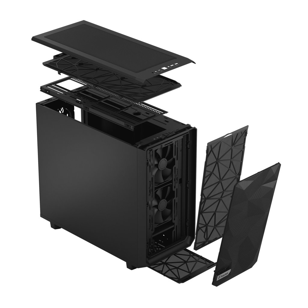 [12/11/2020] Standard Studio Meshify2 Black Sheetmetal Standard 13. Left Front Above Iso FloatingLayer