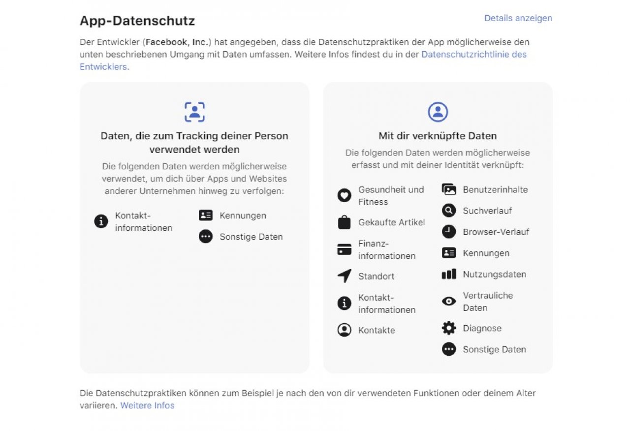 [15/12/2020] App Datenschutz Facebook App auf Apple iOS im Apple App Store