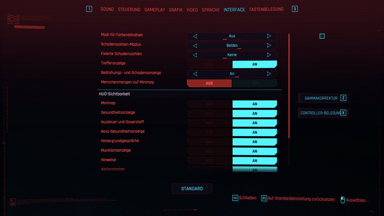 Cyberpunk 2077 - Optionsmenü - Interface (1)