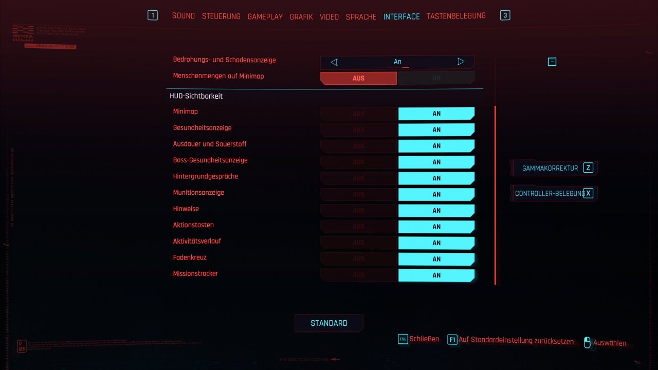 Cyberpunk 2077 - Optionsmenü - Interface (2)