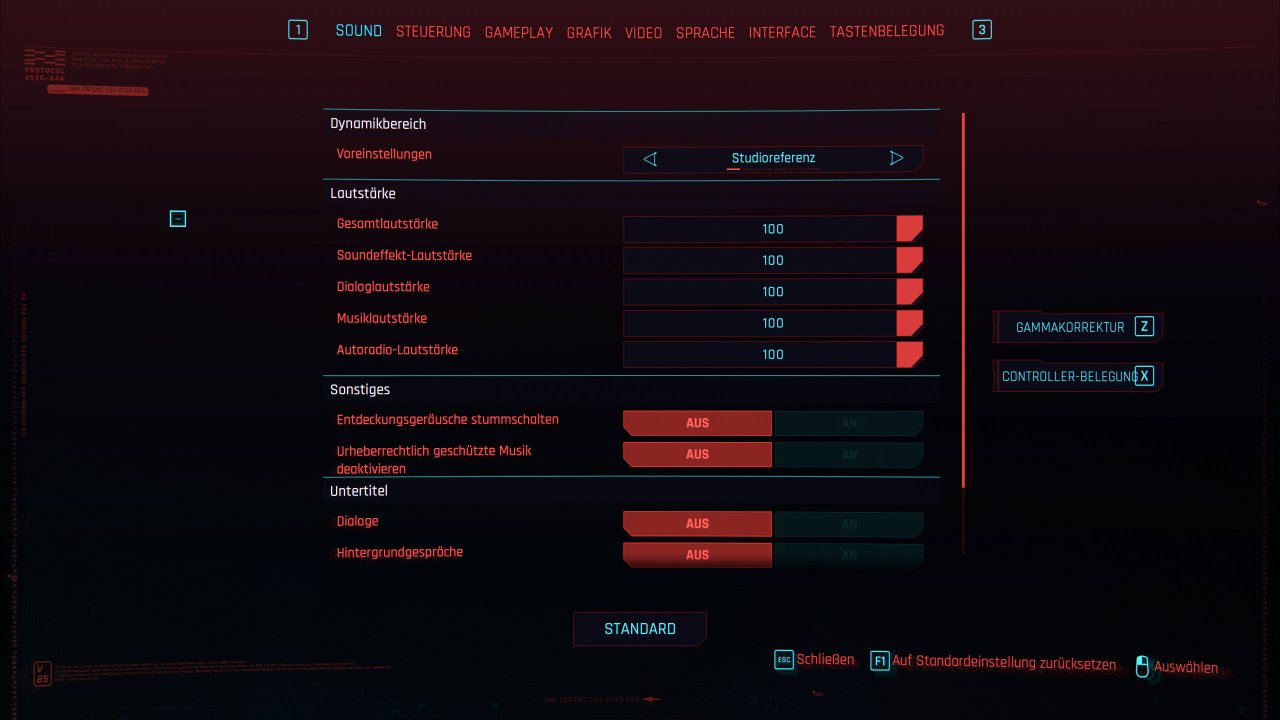 Cyberpunk 2077 - Optionsmenü - Sound (1)