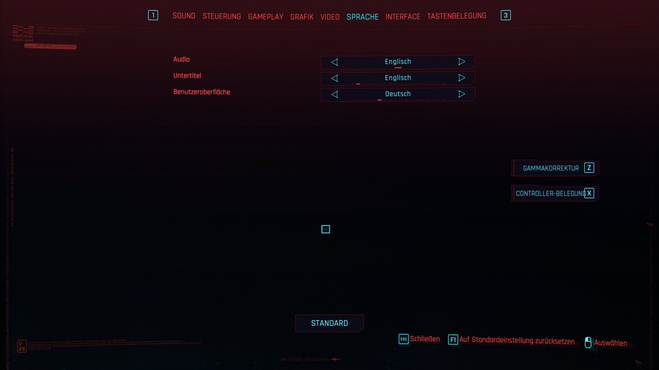 Cyberpunk 2077 - Optionsmenü - Sprache