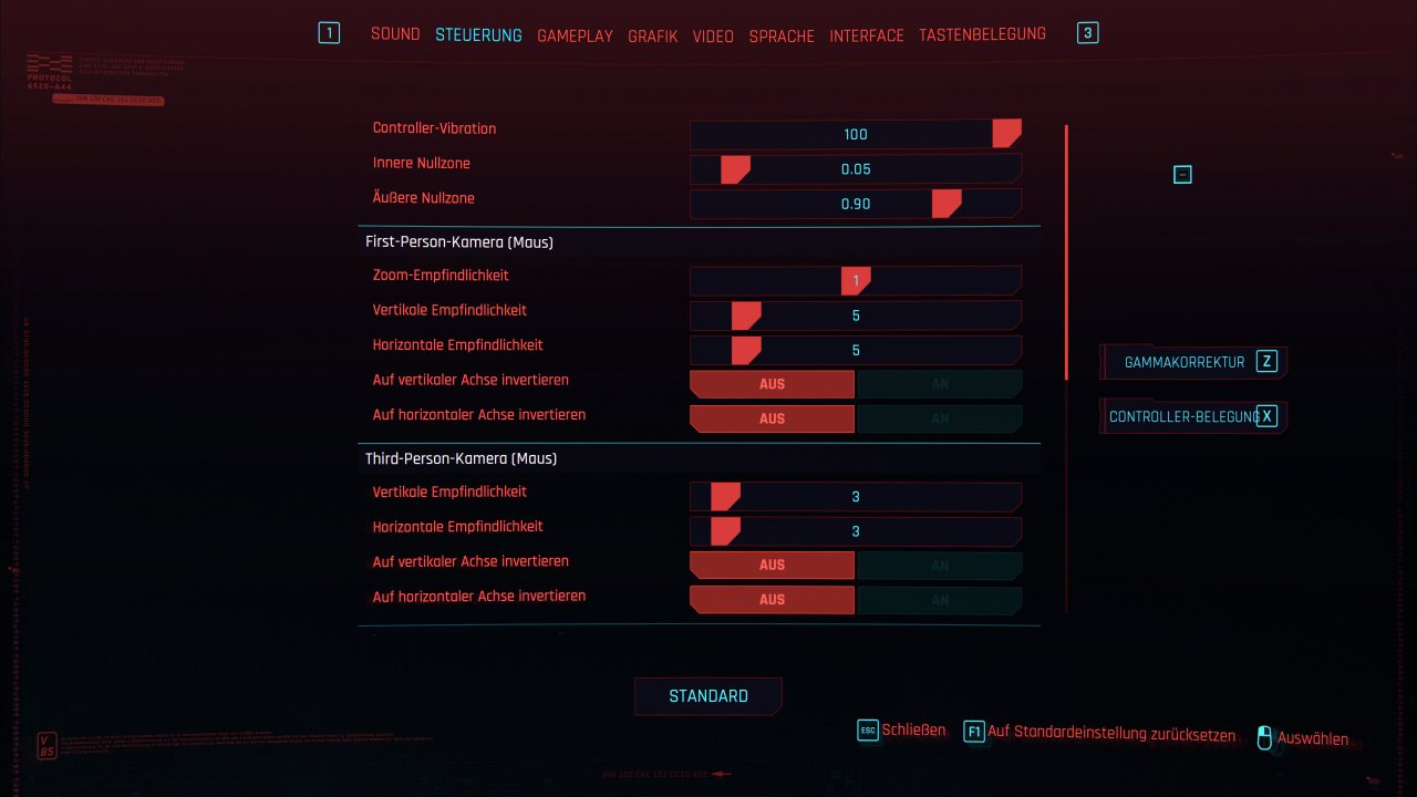 Cyberpunk 2077 - Optionsmenü - Steuerung (1)