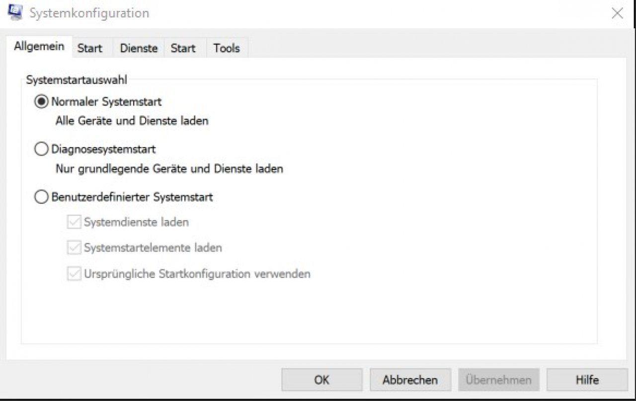 [10/12/2020] Systemkonfiguration normaler Systemstart in Windows 10
