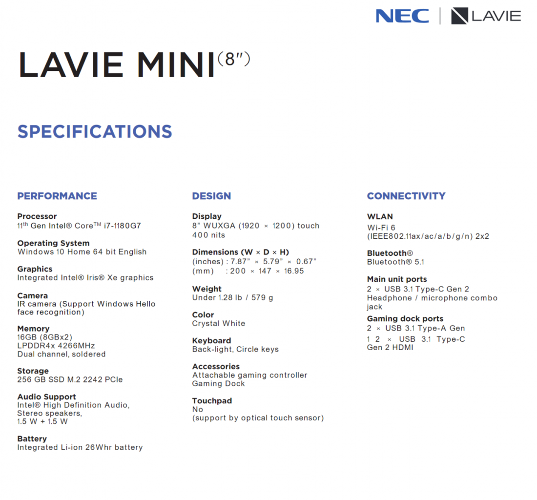 [11/01/2021] Lenovo NEC Lavie Mini Spezifikation
