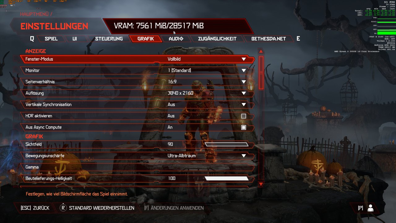 [25/02/2021] Fun fact: Doom Eternal (Vulkan) meint, eine RTX 3060 mit satten 28.517 MiB VRAM vor sich zu haben, sobald rBAR aktiviert ist (12 GiB VRAM lokal + 16 GiB System-RAM). Rockstars ...