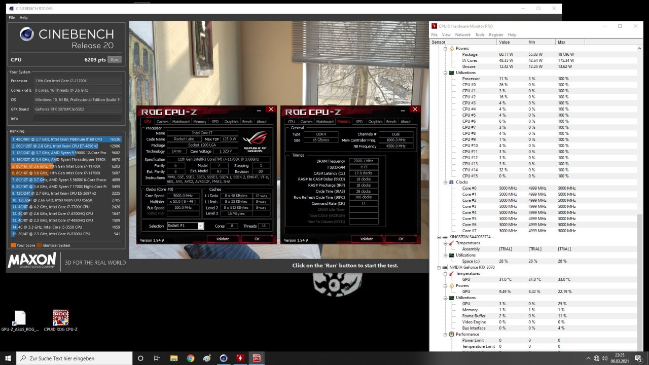 [08/03/2021] Core i7-11700K @ 5 GHz mit DDR4-4000 (17-18-18-38 1T) in Cinebench R20: 6.203 Punkte